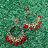 GOLDEN COLOR SQUARE RESIN EARRINGS (JHUMKHA) BASE (WITH RED BEADS) B
